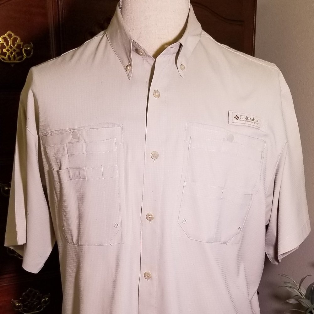 Columbia PFG Tan Button SS Shirt L, Great Cond.